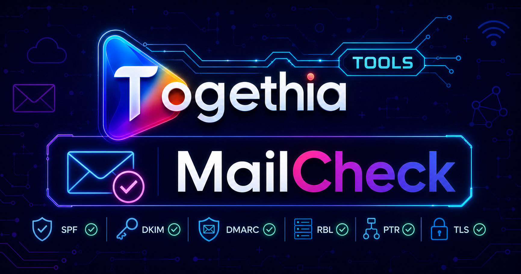 Togethia MailCheck: SPF, DKIM, DMARC, RBL, PTR and TLS checks